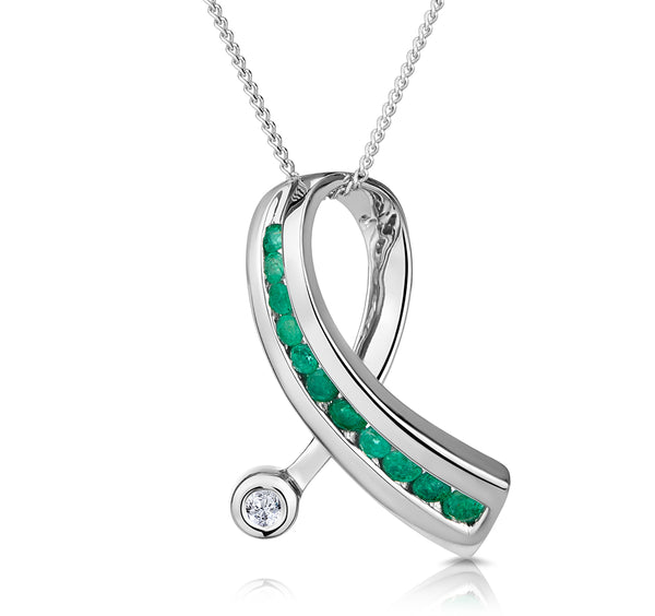 Emerald 0.22CT And Diamond 9K White Gold Ribbon Pendant Necklace